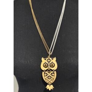 Vintage Gold & enamel Colored Large Owl Necklace double chain‎ Retro MCM 70’s